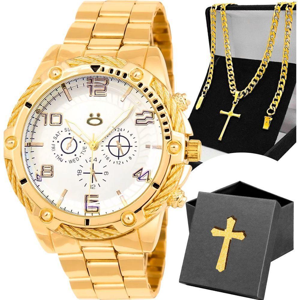 Cordao Grumet Crucifixo + Caixa + Relogio Dourado Masculino Robusto Social Casual Original Jesus - 1