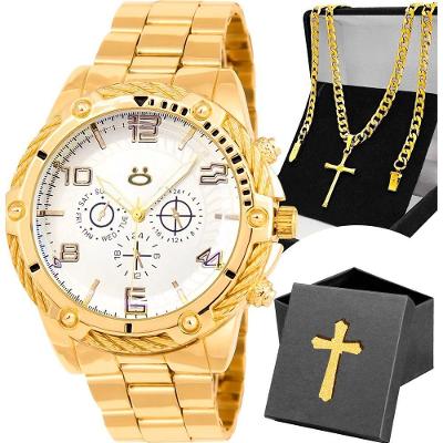 Cordao Grumet Crucifixo + Caixa + Relogio Dourado Masculino Robusto Social Casual Original Jesus