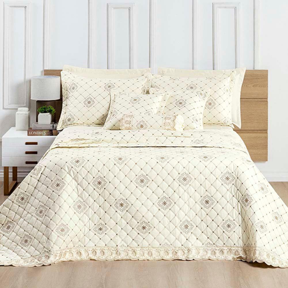 Kit Cobre Leito Colcha Nuance Queen 06 Peças Percal 200 Fios 100% Algodão Bordado - Vanilla - 1