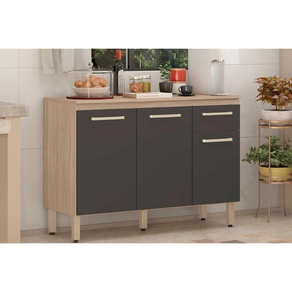 Gabinete p/ Pia Cozinha Balcão c/ Tampo Dama c/ 3 Portas e 1 Gaveta 120cm Avena/Grafito - Demóbile - 1