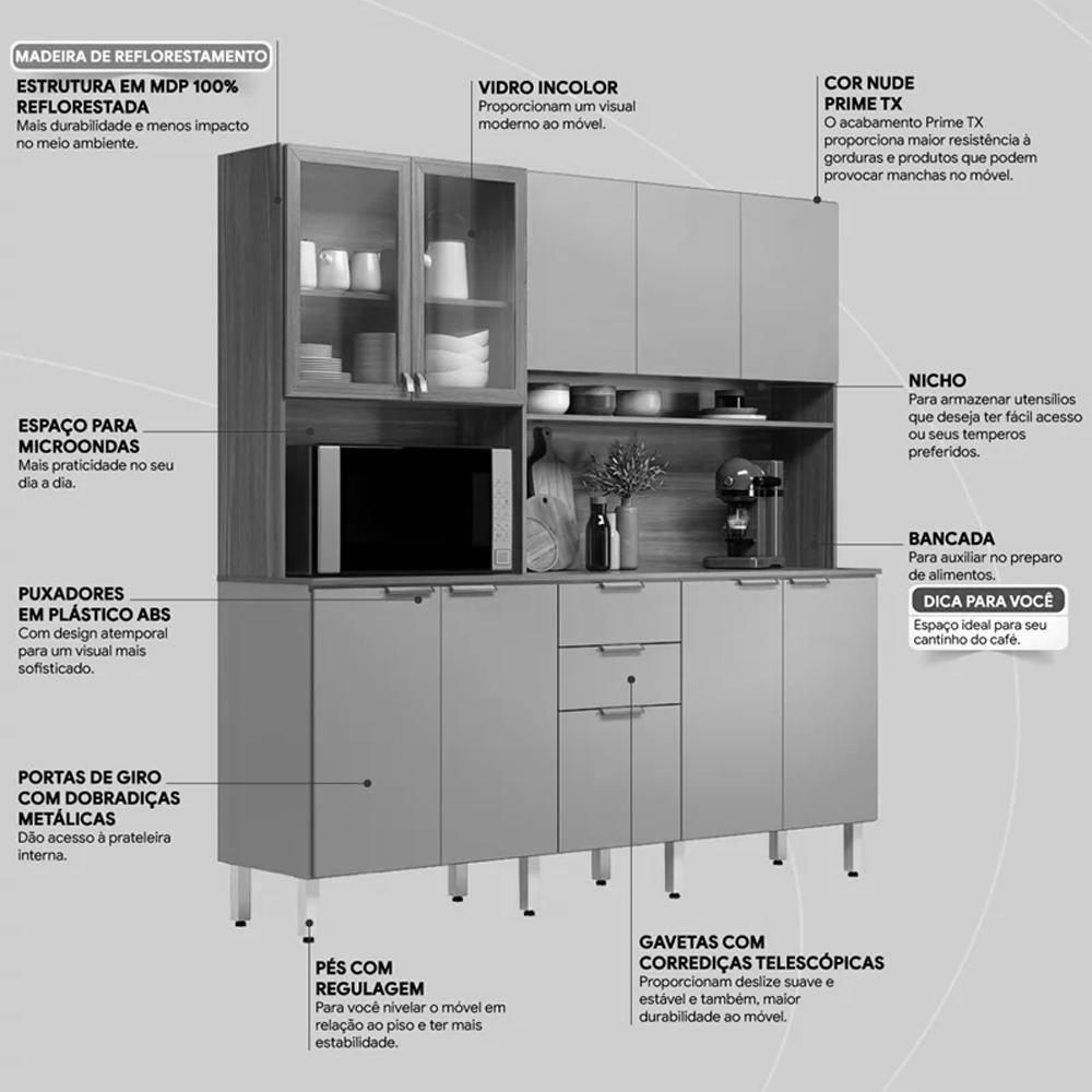 Cozinha Compacta Amora 10 Portas E 2 Gavetas Amêndola-grafito Prime Tx - Demóbile Amêndola-grafito Prime Tx - 4