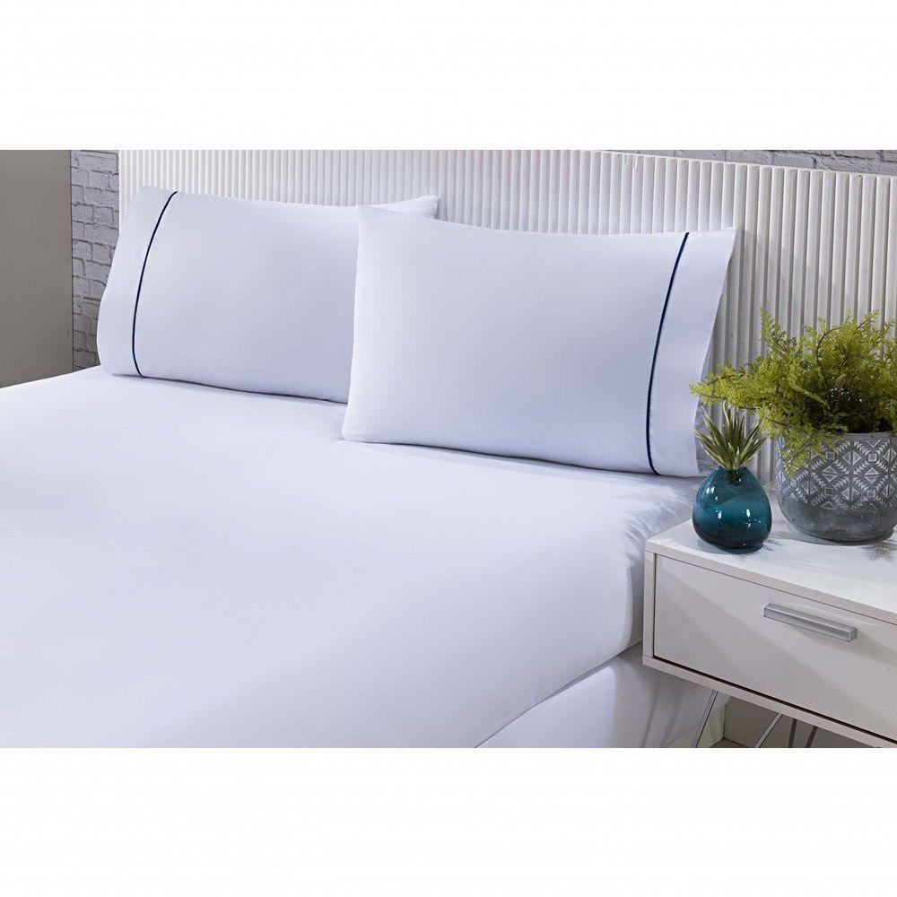 Jogo De Cama 100% Algodão Percal 150 Fios Solteiro Gran Moratta 2 Peças - Branco E Detalhe Azul - 2