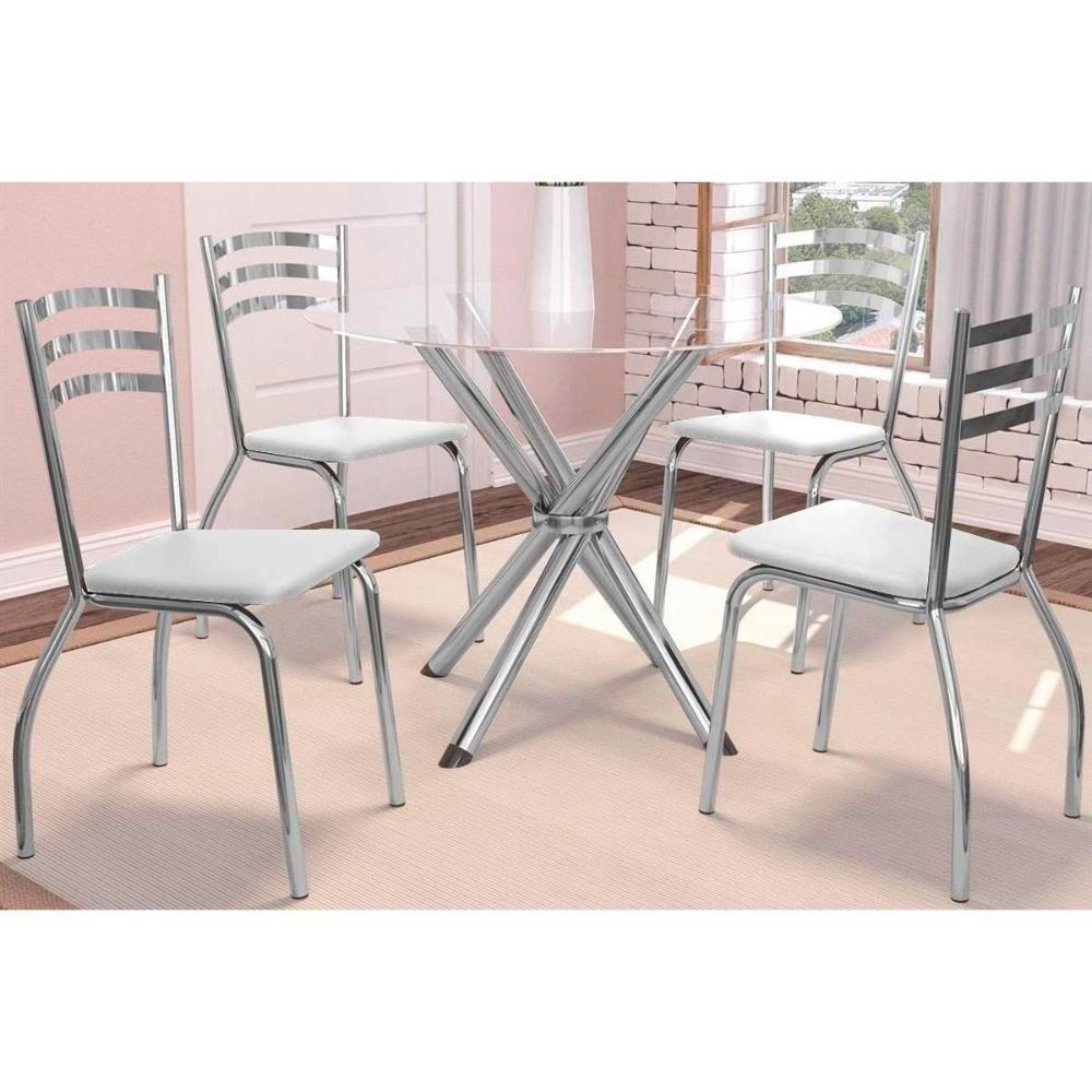 Sala de Jantar Completa Volga c/ Tampo de Vidro 95cm e 4 Cadeiras Portugal Cromada - Branco - Kappesberg - 1