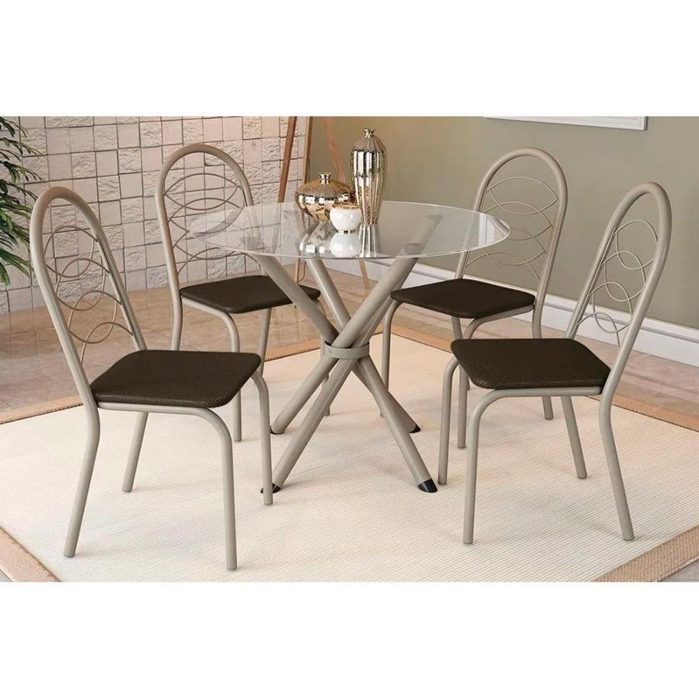 Sala de Jantar Completa Volga c/ Tampo de Vidro 95cm e 4 Cadeiras Holanda Niquel - Marrom - Kappesberg - 1
