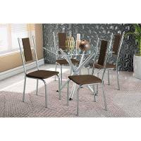Sala de Jantar Completa Volga c/ Tampo de Vidro 90cm e 4 Cadeiras Lisboa Cromada - Courano Marrom - Kappesberg - 1