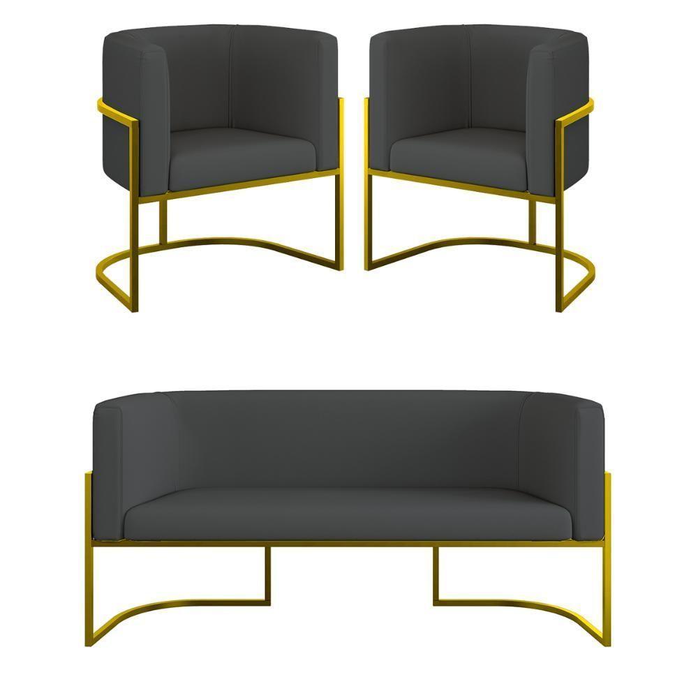 Kit 2 Poltronas + Sofá 2 Lugares Base De Metal Gold Corino Cor:cinza Cinza - 1