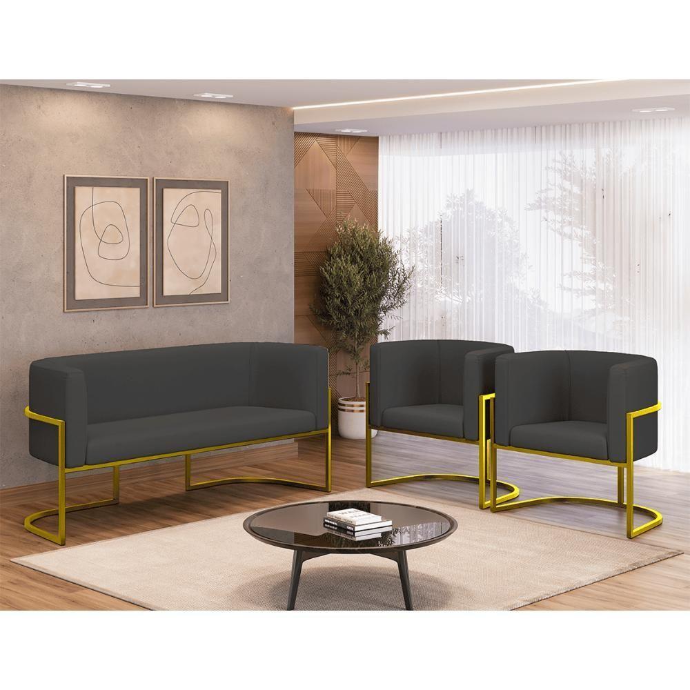 Kit 2 Poltronas + Sofá 2 Lugares Base De Metal Gold Corino Cor:cinza Cinza - 2
