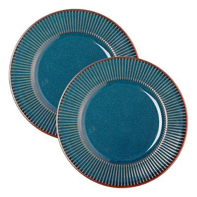 Jogo 2 Prato De Sobremesa Ceramica Azul Linear Rústico 20cm Lyor