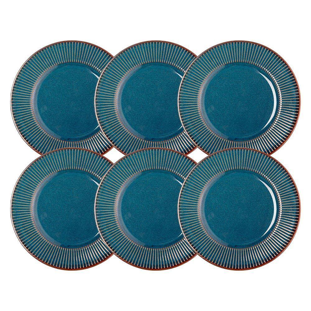Jogo 6 Prato De Sobremesa Ceramica Azul Linear Rústico 20cm Lyor - 1