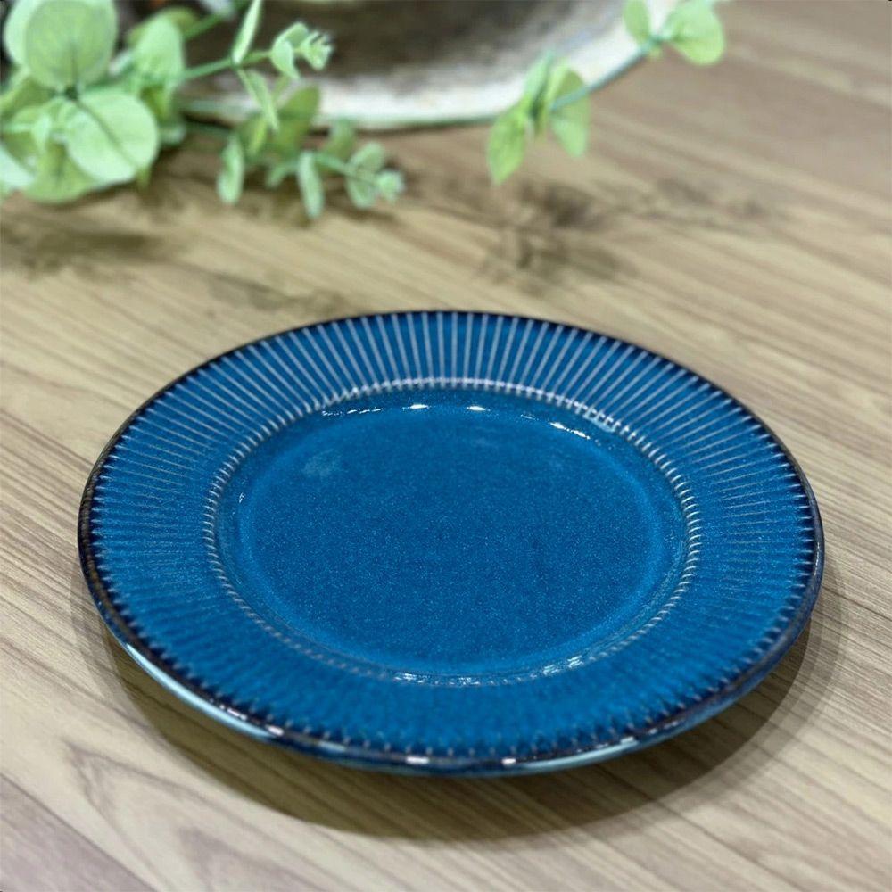Jogo 6 Prato De Sobremesa Ceramica Azul Linear Rústico 20cm Lyor - 7
