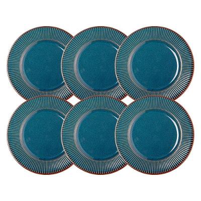 Jogo 6 Prato De Sobremesa Ceramica Azul Linear Rústico 20cm Lyor
