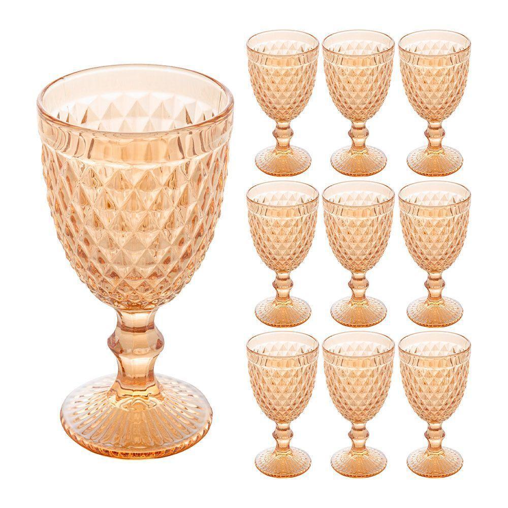 Jogo 10 Taças De Vidro Bico Abacaxi Cor âmbar Metalizado Para água Vinho Lyor 325ml - 1