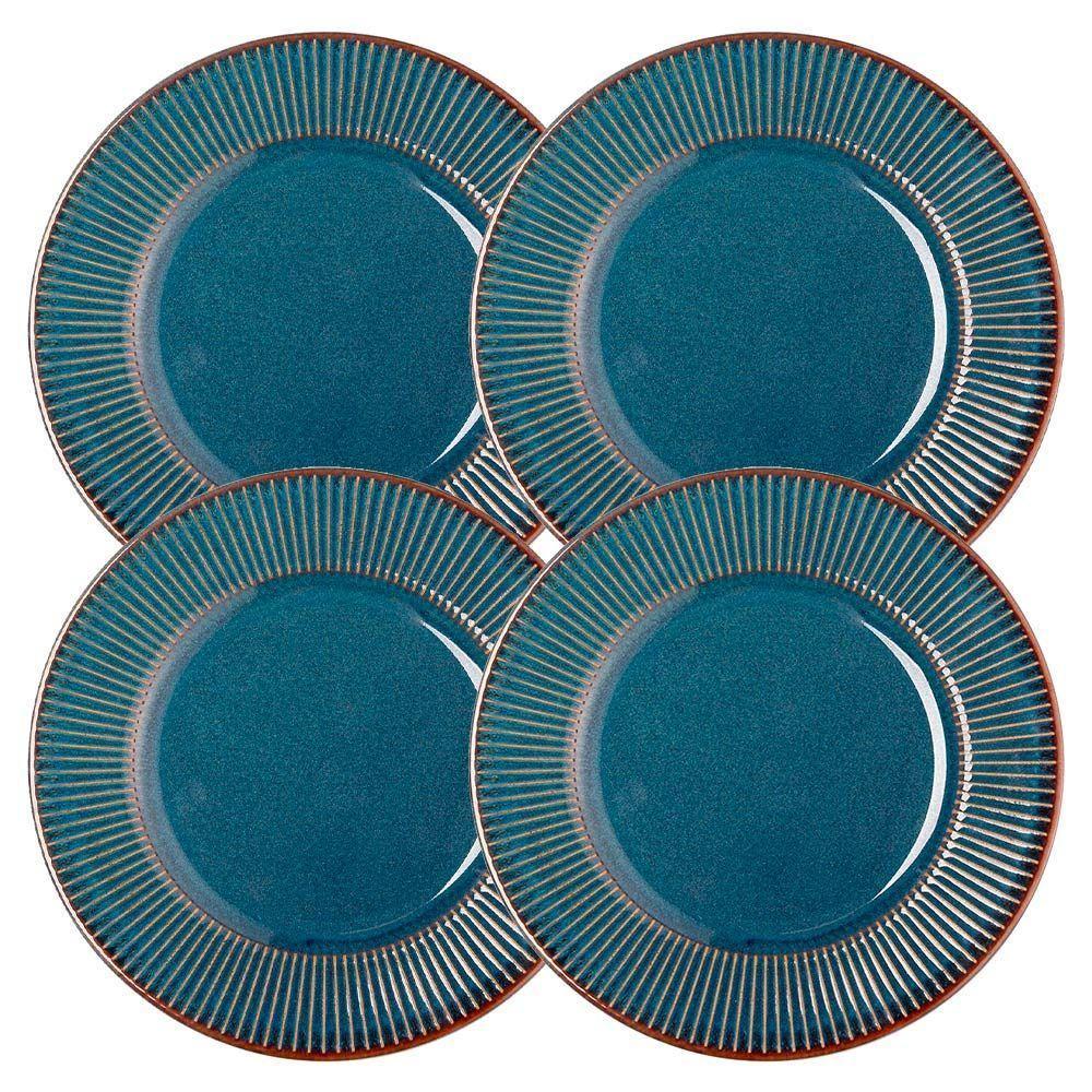 Jogo 4 Prato De Sobremesa Ceramica Azul Linear Rústico 20cm Lyor - 1