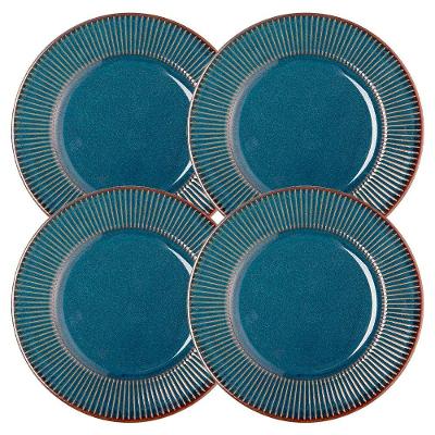 Jogo 4 Prato De Sobremesa Ceramica Azul Linear Rústico 20cm Lyor