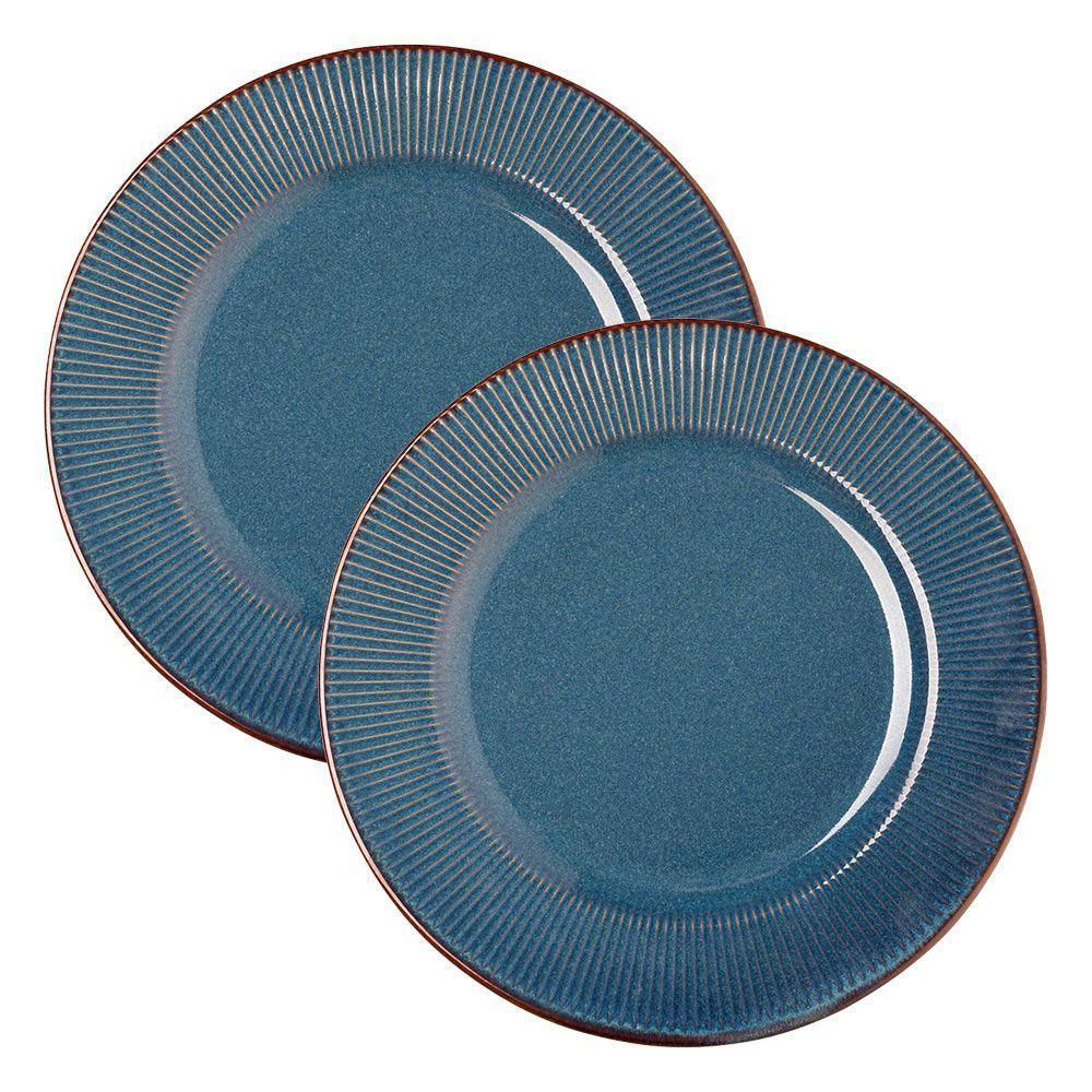 Jogo 2 Prato Raso De Jantar Ceramica Azul Linear Rústico 27cm Lyor - 1