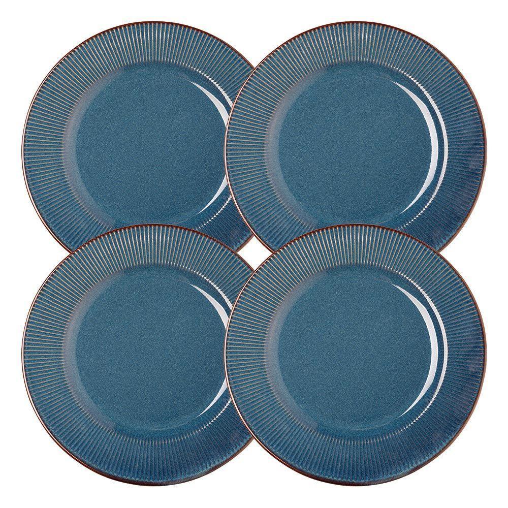 Jogo 4 Prato Raso De Jantar Ceramica Azul Linear Rústico 27cm Lyor - 1