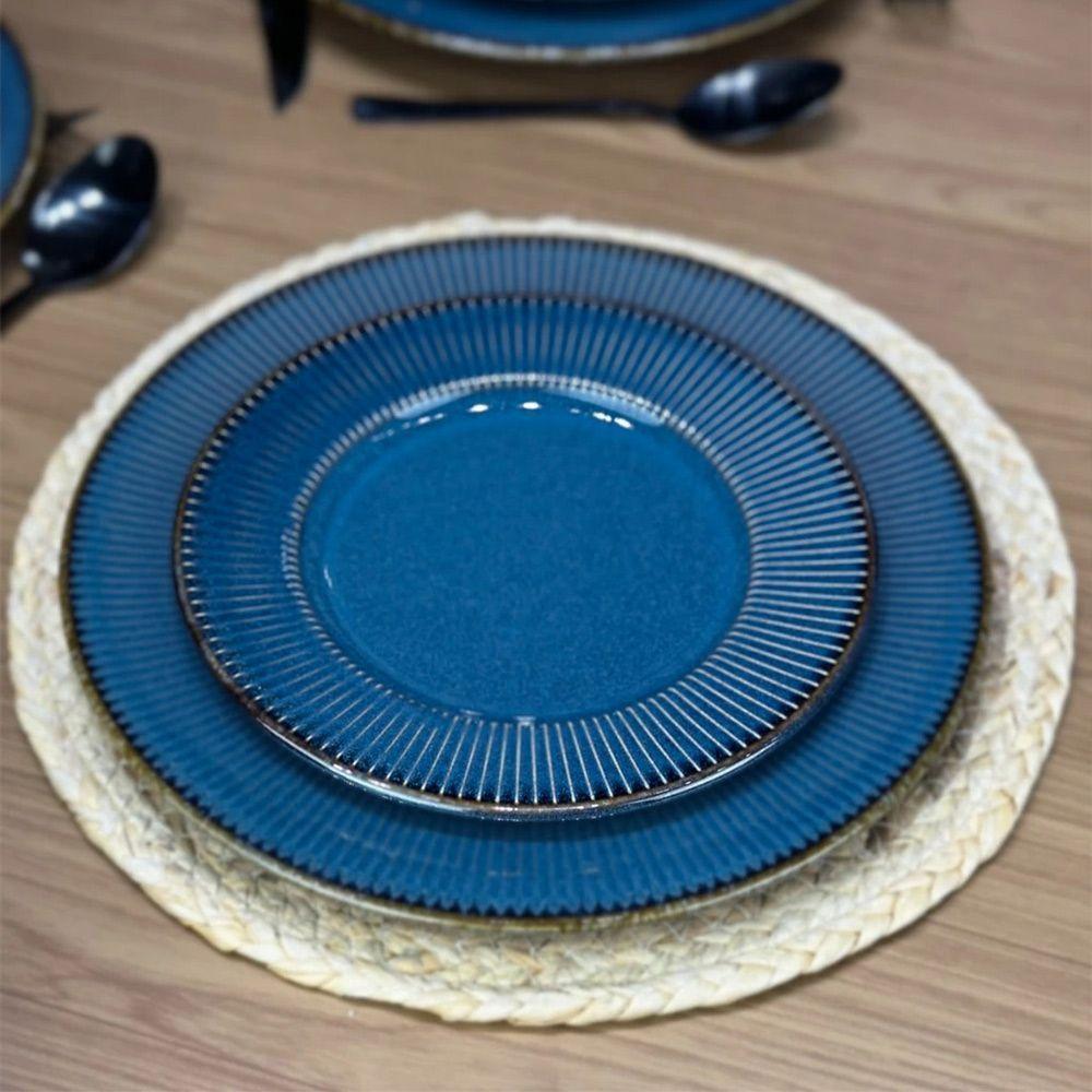 Jogo 4 Prato Raso De Jantar Ceramica Azul Linear Rústico 27cm Lyor - 2