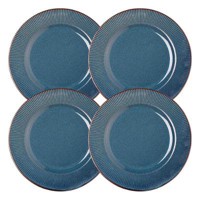 Jogo 4 Prato Raso De Jantar Ceramica Azul Linear Rústico 27cm Lyor