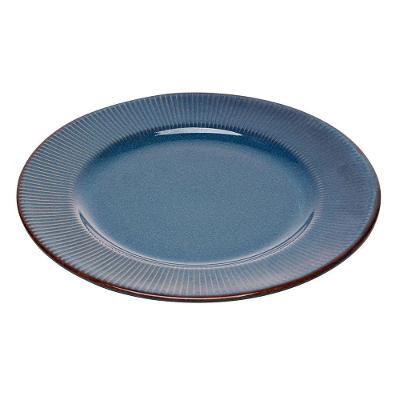 Prato Raso De Jantar Ceramica Azul Linear Rústico 27cm Lyor