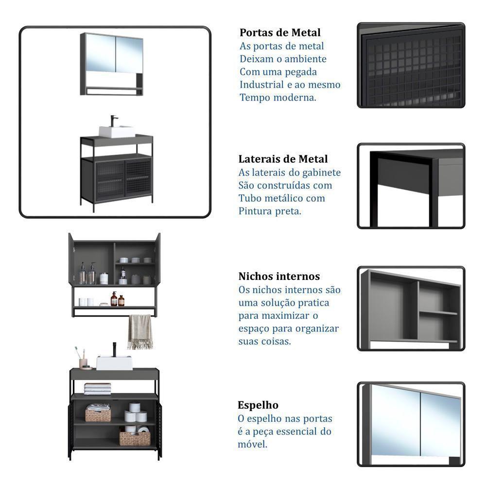 Conjunto Para Banheiro 3 Peças Com Cuba P103841c Grafite Pp Milani Store Grafite - 3