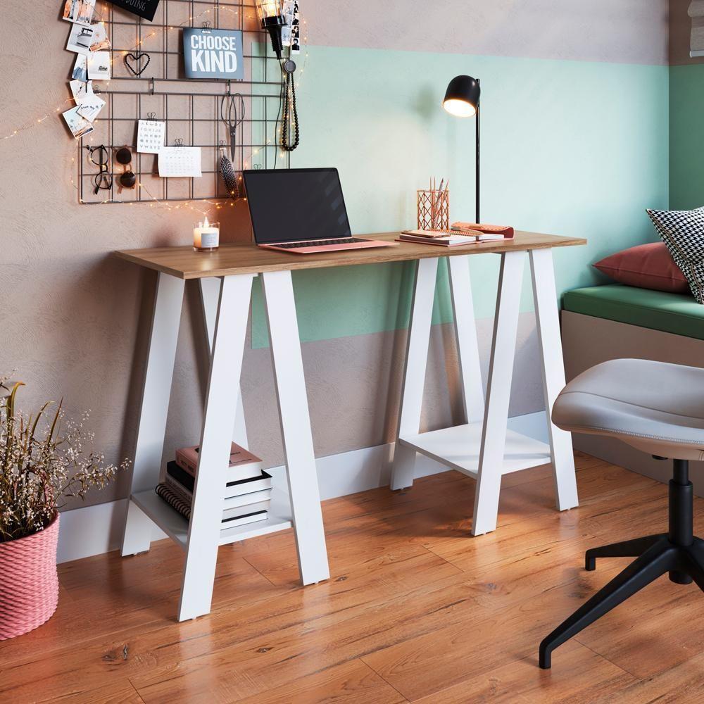 Escrivaninha Mesa Escritorio Cavalete 2 Prateleiras Mell Branco B61 Novam Mell Branco - 6