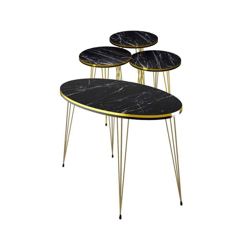 Conjunto De Mesa De Centro 4 Peças - Mármore Preto Com Dourado - 1