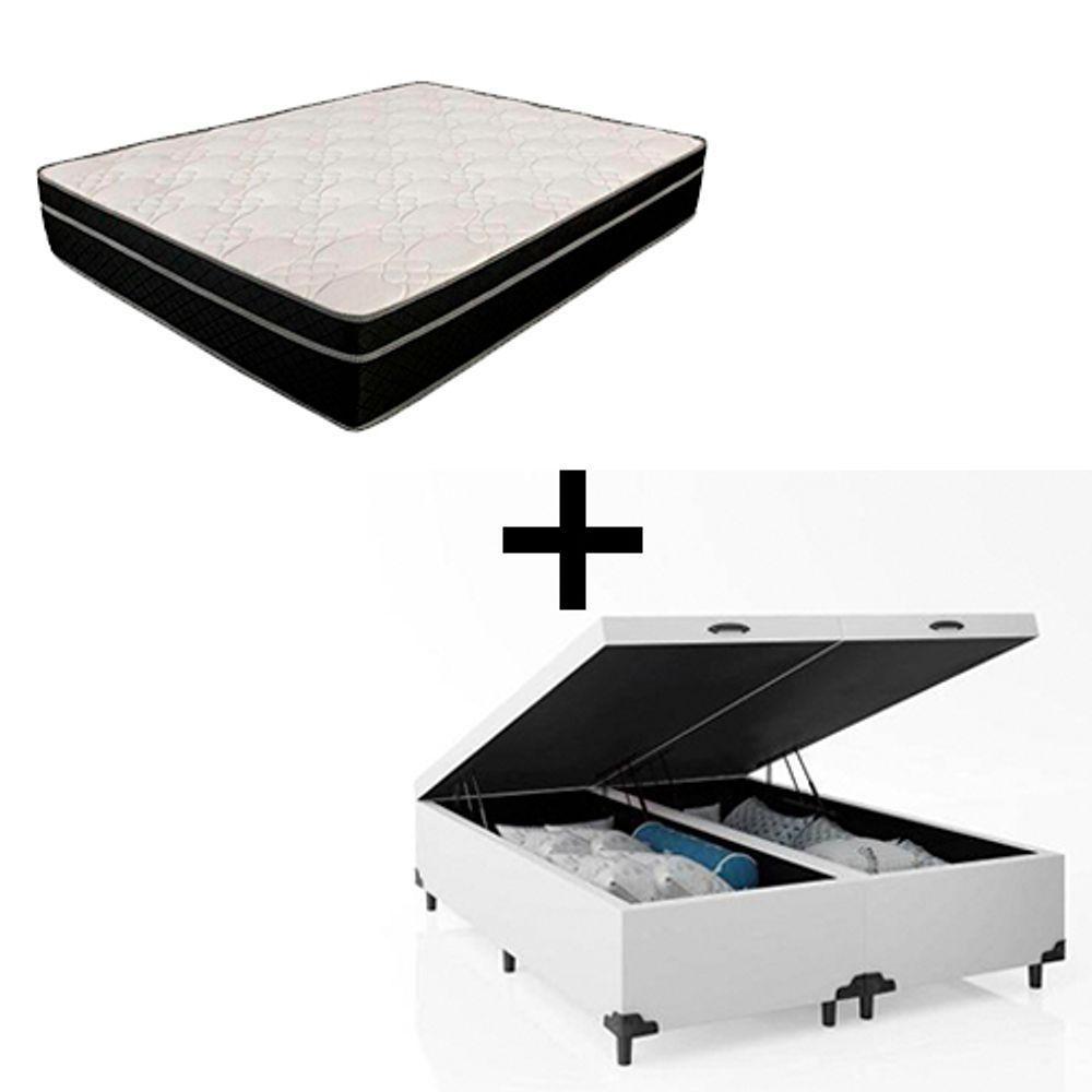 Cama Box Baú Queen 158 Bipartido Tecido Branco Com Colchão Paris Molas Preto 67x158x198 - 1