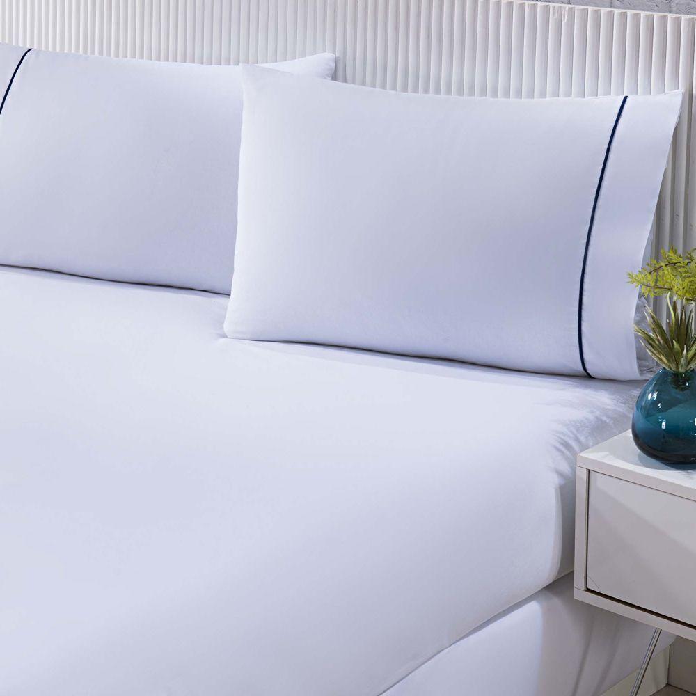 Jogo De Cama 100% Algodão Percal 150 Fios Solteiro Gran Moratta 2 Peças - Branco E Detalhe Azul - 1