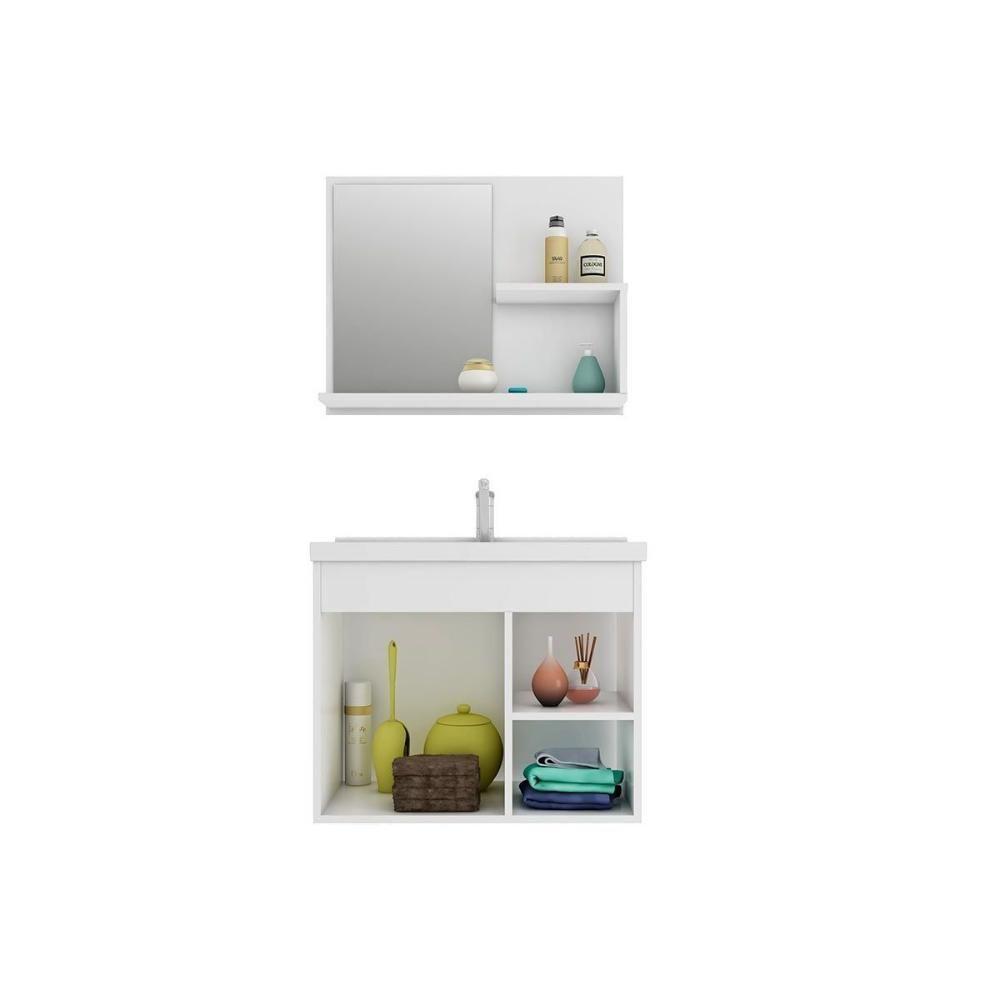 Gabinete De Banheiro Balcão Suspenso Isa Com Cuba 55cm E Armário Com Espelho Amendoa-off White - Mgm - 4