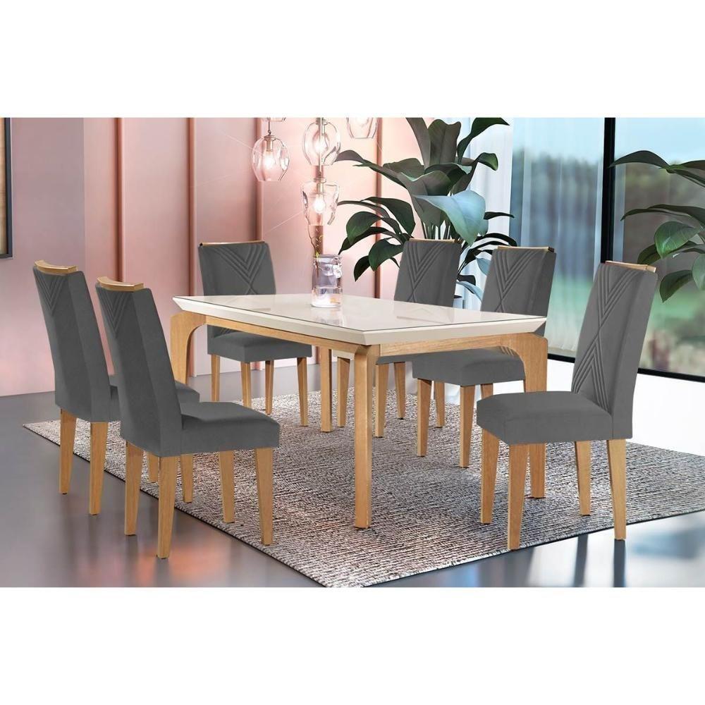 Sala De Jantar Completa Londrina C- Tampo Madeirado C- Vidro Canto Curvo 180x90cm E 6 Cadeiras Amsterdã Imbuia-off White - Suede Grafite - Rufato - 1