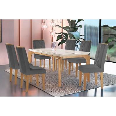 Sala De Jantar Completa Londrina C- Tampo Madeirado C- Vidro Canto Curvo 180x90cm E 6 Cadeiras Amsterdã Imbuia-off White - Suede Grafite - Rufato