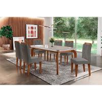 Sala De Jantar Completa Londrina Tampo Madeirado C- Vidro Curvo 180x90 E 6 Cadeiras Amsterdã Imbuia - Veludo Grafite - Rufato - 1