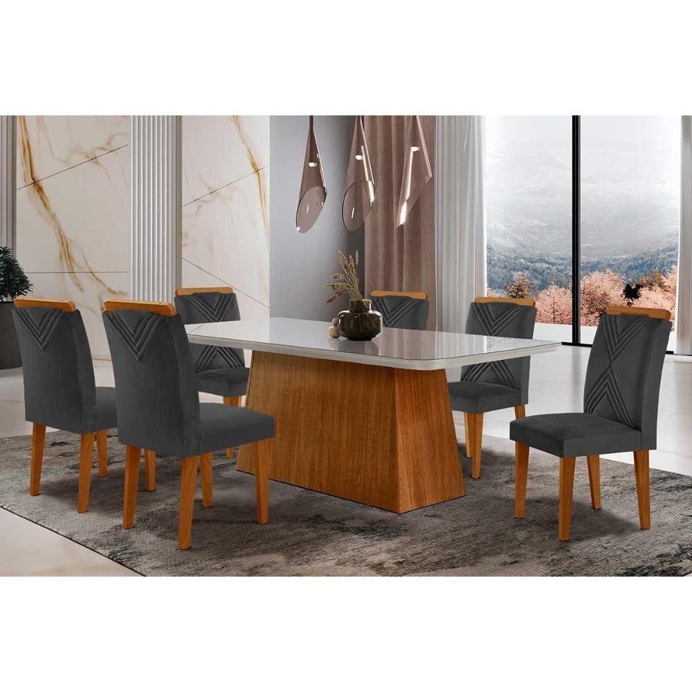 Sala De Jantar Completa Luna Tampo Madeirado C- Vidro Canto Reto 180x90 E 6 Cadeiras Amsterdã Imbuia - Veludo Grafite - Rufato - 1
