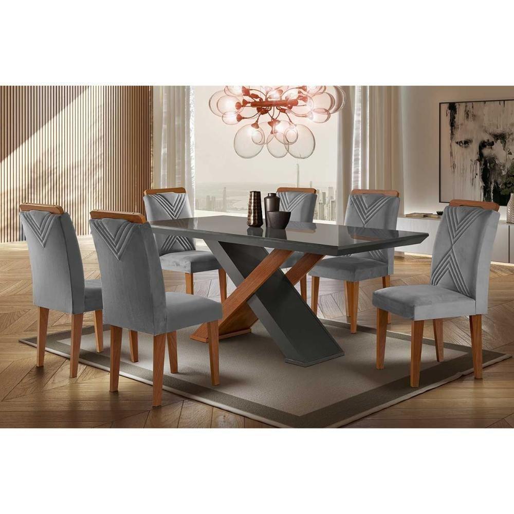 Sala De Jantar Completa Imperatriz Tampo Madeirado C- Vidro Reto 180x90 E 6 Cadeiras Amsterdã Imbuia-grafite - Suede Grafite - Rufato - 1