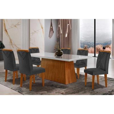 Sala De Jantar Completa Luna Tampo Madeirado Com Vidro Reto 180x90 E 6 Cadeiras Amsterdã Imbuia - Veludo Grafite - Rufato