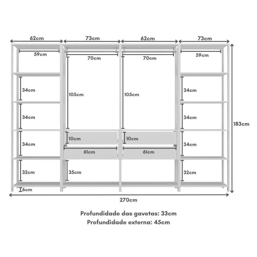 Guarda-roupas Closet Modulado 270cm 4 Peças Com 4 Gavetas E Cabideiros Multimóveis Mp4321 - Branco Branco - 5