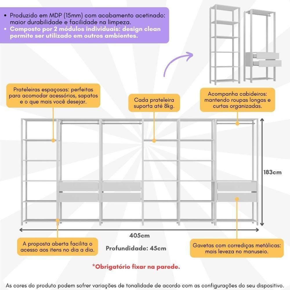 Guarda-roupas Closet Modulado 405cm 6 Peças Com 6 Gavetas E Cabideiros Multimóveis Mp4322 - Branco Branco - 4