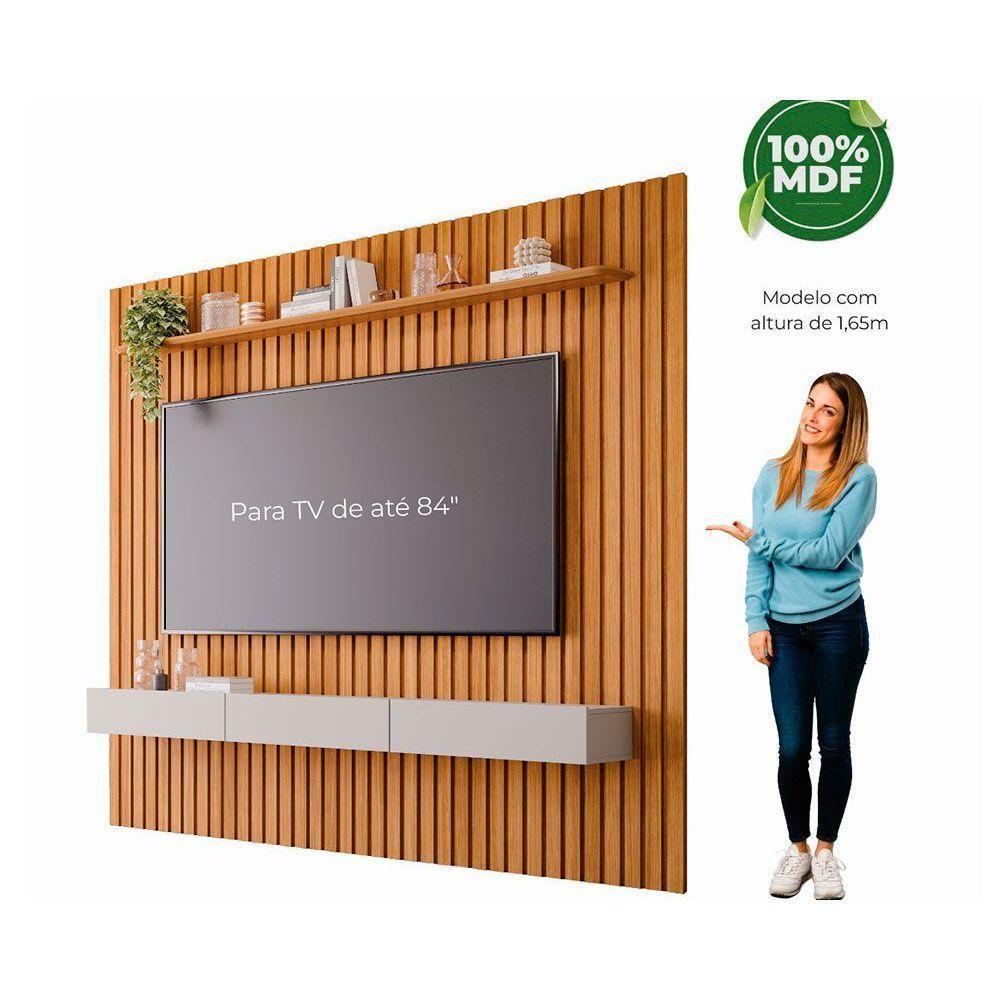 Rack Bancada Com Painel Para Tv Até 75 Pol Maragogi Ripado 1 Porta E 2 Gavetas 230x220cm Cinamomo-off White - Permóbili - 5