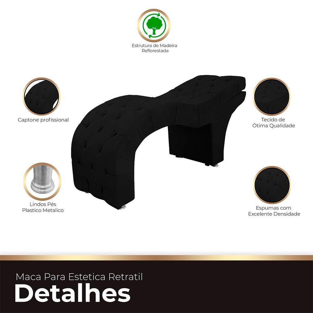 Maca Capitone Reclinável Estofada Para Estetica Facial Sombrancelha E Cílios Suede Yasmim Cor Preto - 3