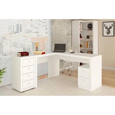 Escritório Completo 1 Mesa De Canto Para Escritório Me4129 + 1 Estante Me4132 + 1 Gaveteiro Me4133 3 Peças Branco