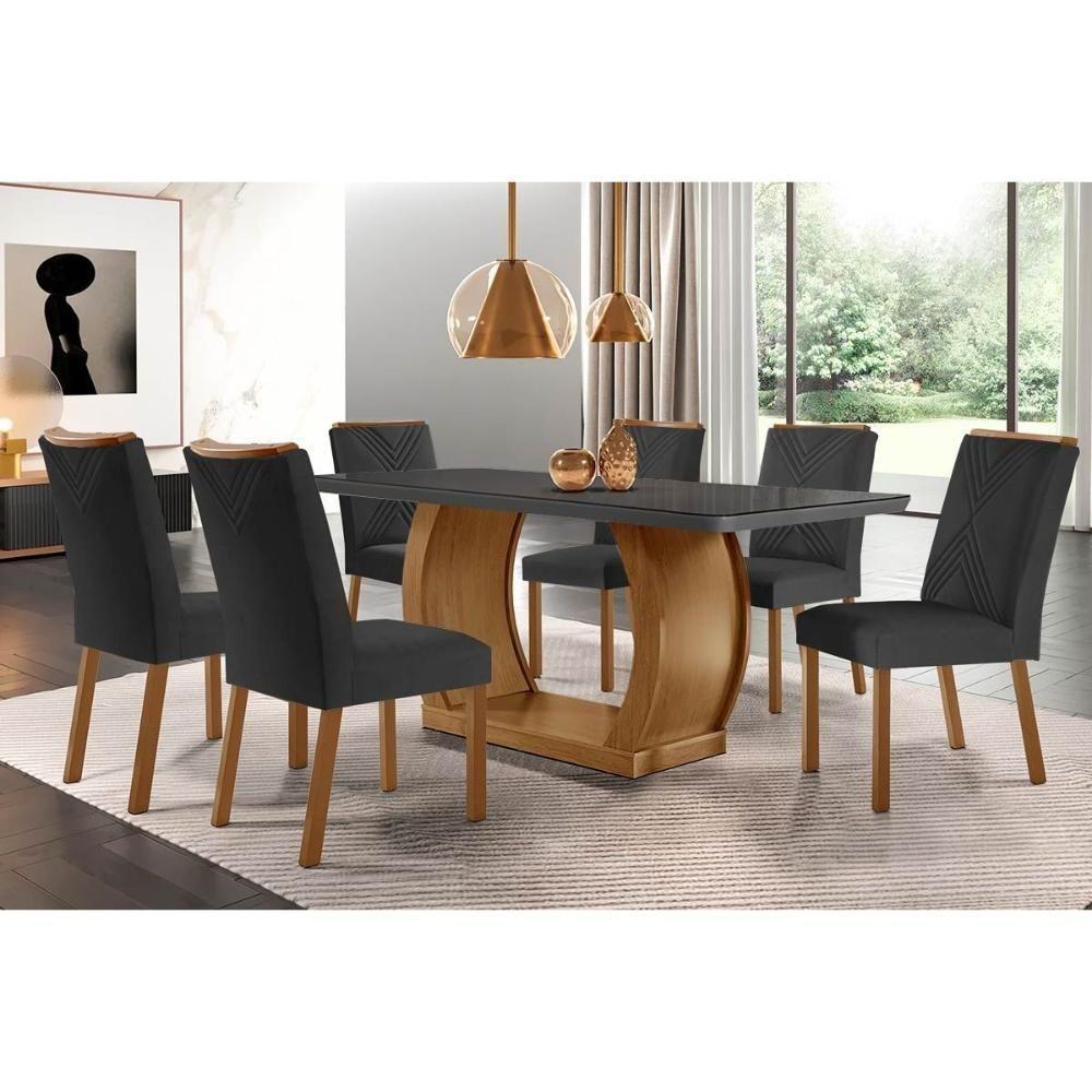 Sala De Jantar Completa Jade C- Tampo Madeirado C- Vidro Canto Curvo 180x90cm E 6 Cadeiras Amsterdã Imbuia-grafite - Suede Grafite - Rufato - 1