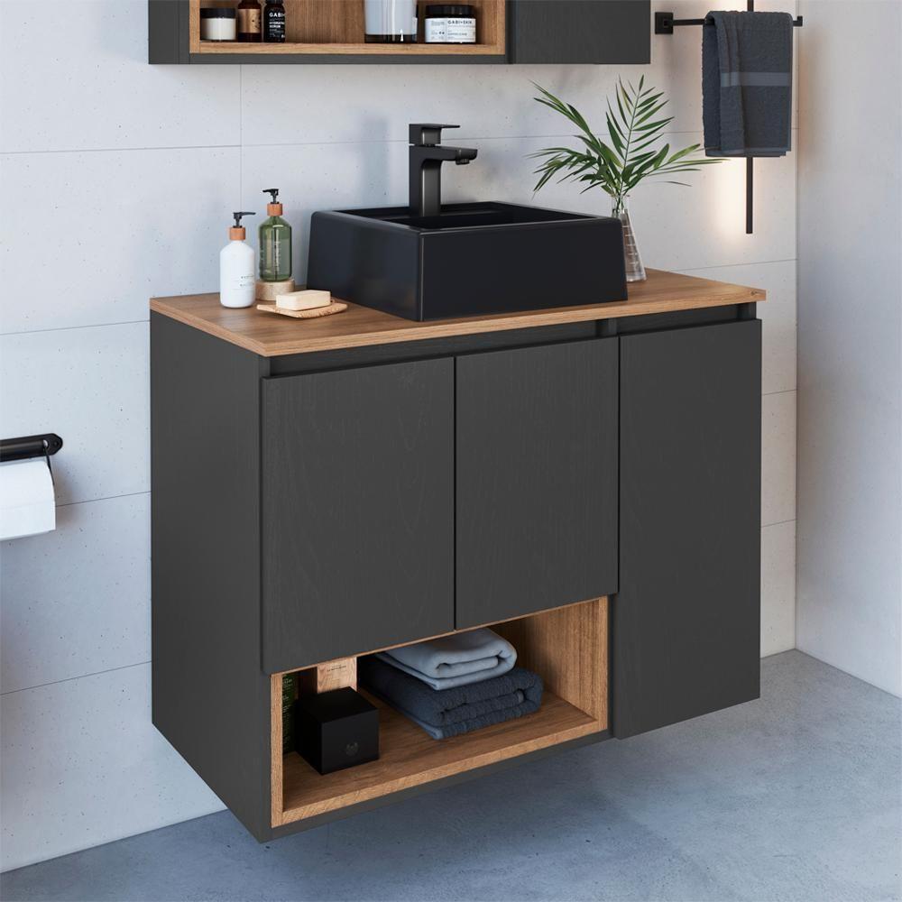 Gabinete Suspenso 80 Cm Com Cuba Preta Bl9220 Mell Grafite Faem - 2