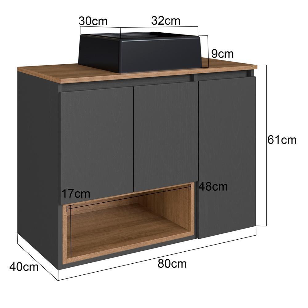 Gabinete Suspenso 80 Cm Com Cuba Preta Bl9220 Mell Grafite Faem - 5