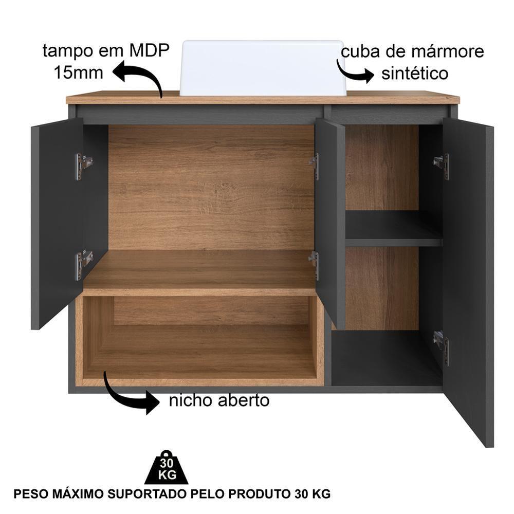 Conjunto Gabinete Suspenso 80 Cm Com Cuba Bl9220 Mell Grafite Faem - 3