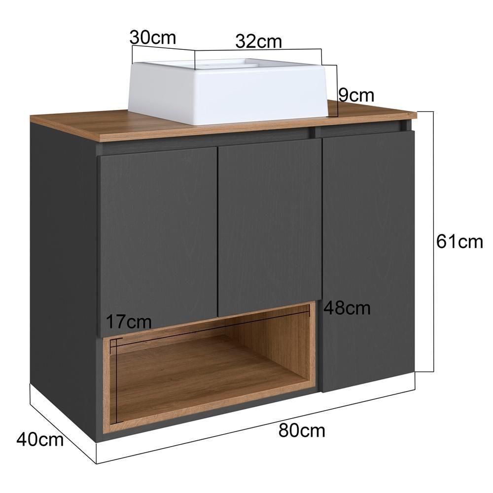 Conjunto Gabinete Suspenso 80 Cm Com Cuba Bl9220 Mell Grafite Faem - 4