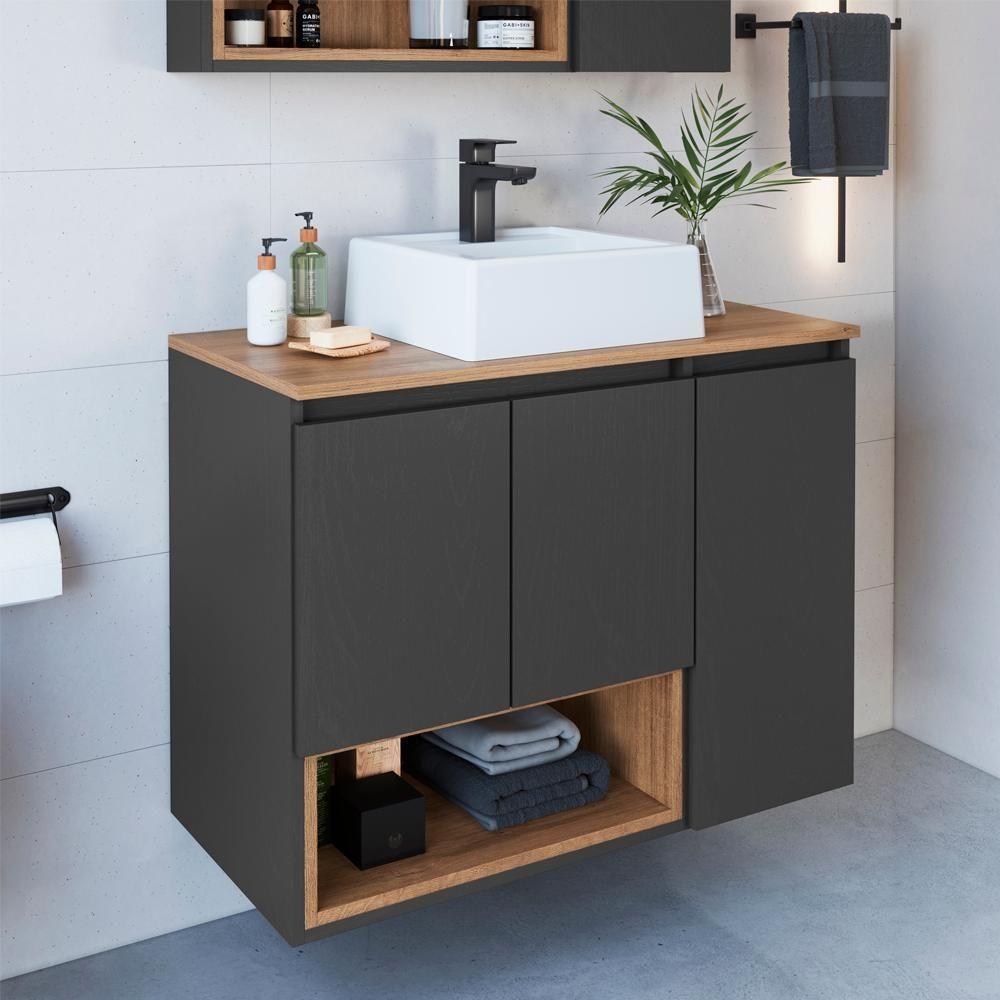 Conjunto Gabinete Suspenso 80 Cm Com Cuba Bl9220 Mell Grafite Faem - 7