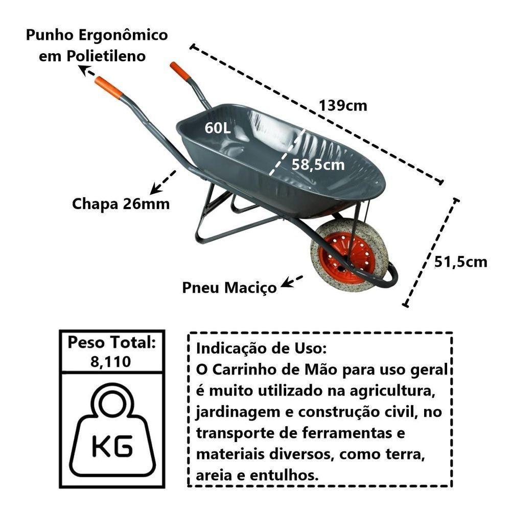 Carrinho De Mão Em Aço Carbono Pneu Maciço Chapa 26mm 60l - 2