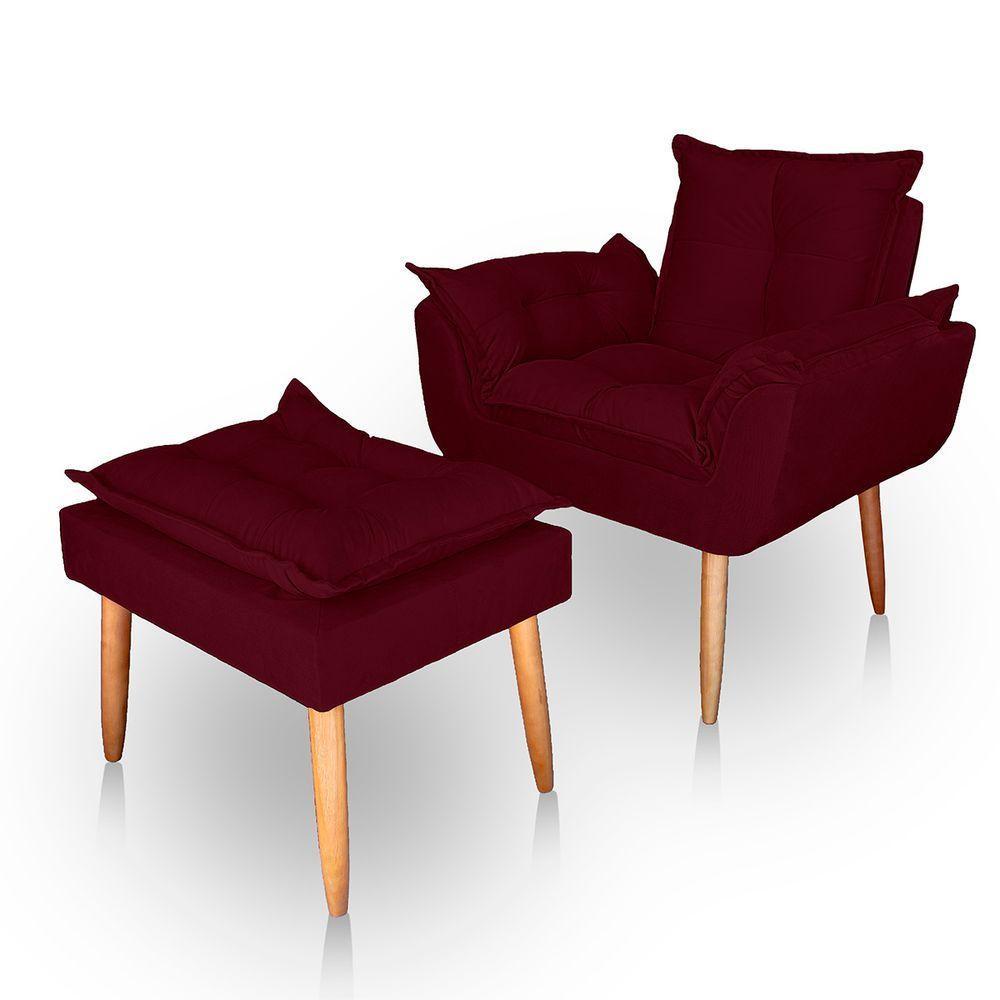 Poltrona Opala Para Sala Com Puff Reforçada Suede Bordo - 1