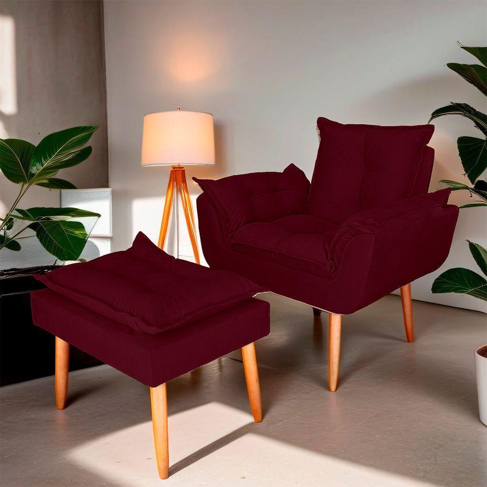 Poltrona Opala Para Sala Com Puff Reforçada Suede Bordo - 6