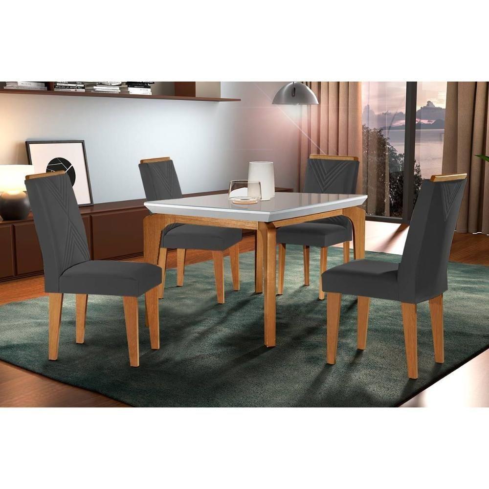 Sala De Jantar Completa Londrina C- Tampo Madeirado C- Vidro Canto Reto 120x80cm E 4 Cadeiras Amsterdã Imbuia-off White - Suede Grafite - Rufato - 1